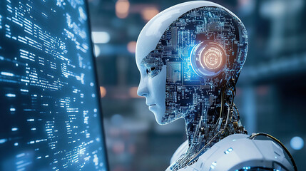 A robot head with circuit board patterns and digital screens