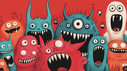 Obraz premium Colorful Cartoon Monsters with Big Teeth and Eyes