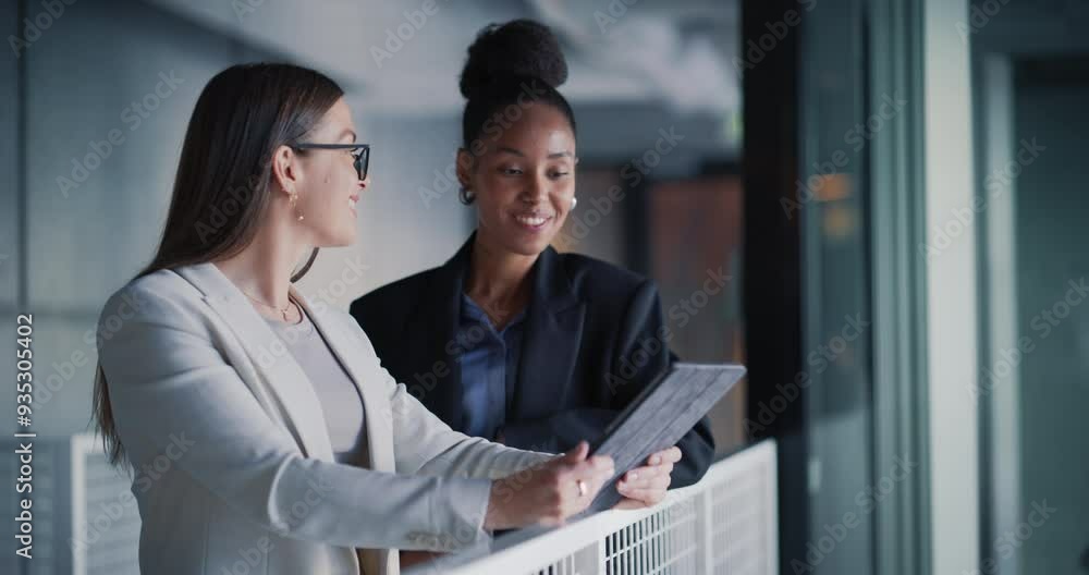 Poster female ceo and a project manager standing in a modern office in downtown area. black and caucasian w