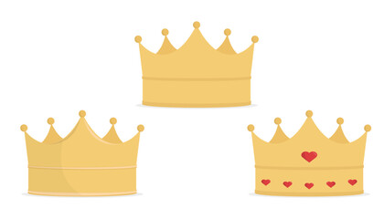 set of Golden crown king princess cartoon vector flat style isolated on white background. 