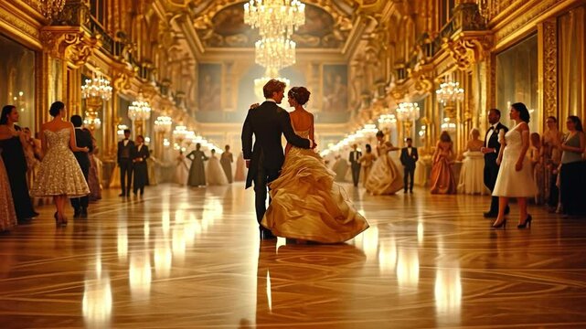 Three couples are shown in a full-length photograph waltzing in a traditional royal ballroom.