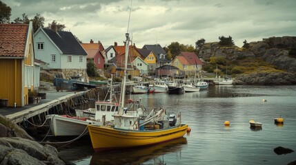 A picturesque fishing village with colorful houses, boats, and a pier.