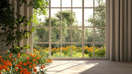 Fototapeta premium Bright, sunny room with a large window view of a beautiful garden filled with orange flowers and lush greenery.