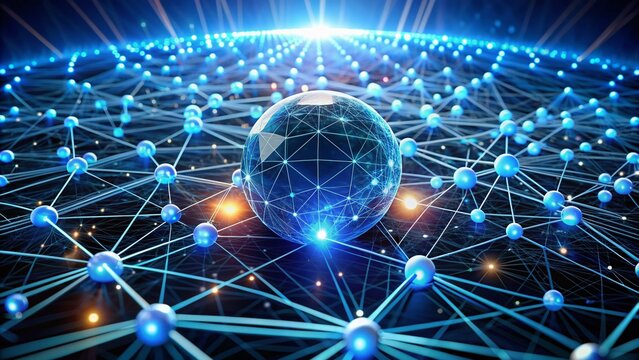 A glowing blue node at the center of a complex network of interconnected lines and spheres, representing connection and data exchange in a futuristic setting.