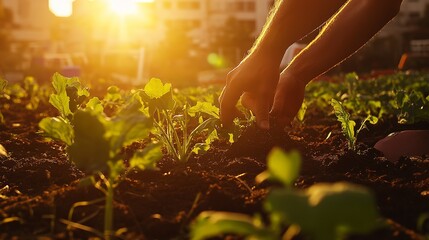 Fototapeta premium In an urban setting, a community vegetable garden with hands tending soil under golden sunset light, symbolizing food security and sustainability