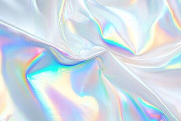 Obraz premium Holographic Background with Iridescent Rainbow Effect and Flowing Fabrics in Pastel White and Light Blue Colors for Dreamy and Ethereal Visuals
