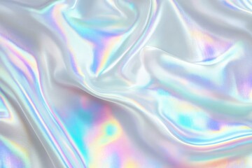Obraz premium Holographic Background with Iridescent Rainbow Effect and Flowing Fabrics in Pastel White and Light Blue Colors for Dreamy and Ethereal Visuals