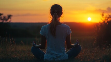 Woman meditating at sunset