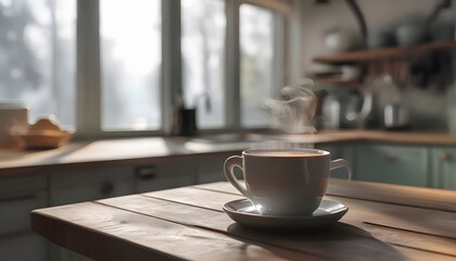 A minimalist kitchen setup with a steaming cup of coffee on a wooden table, soft morning light streaming through large windows.
