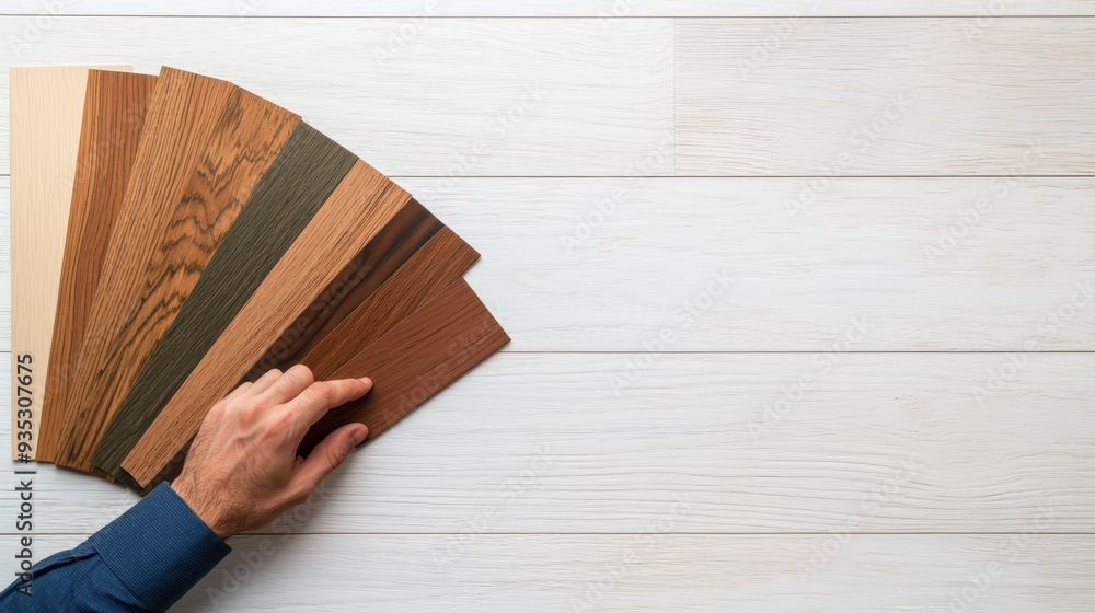 Poster assorted wooden floor samples on white panel with hand displaying different textures
