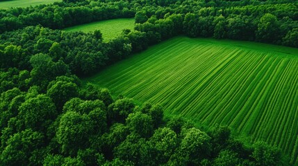 Obraz premium Aerial View of Lush Green Fields Adjacent to Dense Forest on a Bright Summer Day