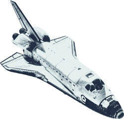 Collage Shuttle Essential Spaceship cutout in halftone and grain effect.  © deltapulp