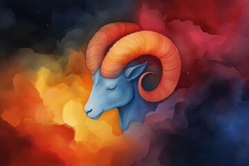 Aries constellation, fiery stars embodying dynamic and assertive personality traits, Watercolor style