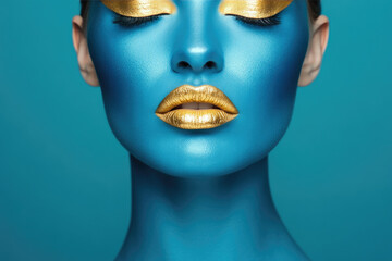 Striking visage adorned in bold blue face paint and golden accents, showcasing a fierce aesthetic statement with closed eyes and a serene expression.