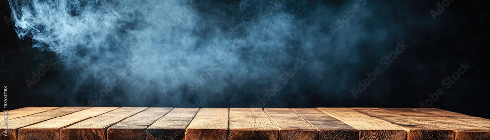 Poster mysterious fog swirling above a rustic wooden table, creating an ambient atmosphere, inviting creati