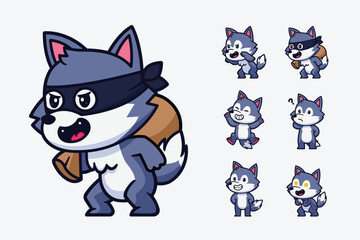 cute wolf cartoon character set