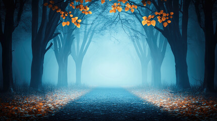 Mystical Forest Path, an enchanting trail shrouded in fog, bordered by dark trees and illuminated by scattered golden leaves, exudes a sense of mystery and serenity.