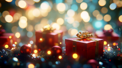 Festive red Christmas gift with a golden ribbon, surrounded by bokeh lights. Perfect for holiday promotions, cards, and seasonal designs.