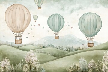 Obraz premium Design for an eco-friendly child's room. Fantasy wallpaper for a baby's wall. Adventure theme. Realistic illustrations.