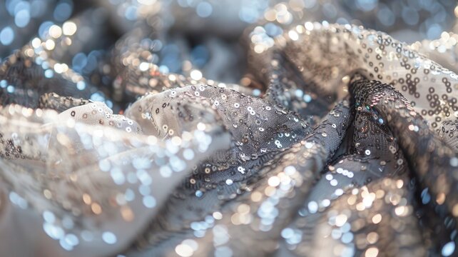 A close-up shot of silver sequined fabric with a soft focus, creating a bokeh effect with sparkling lights,