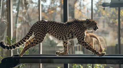 In the backdrop of a wide window runs a cheetah on a treadmill