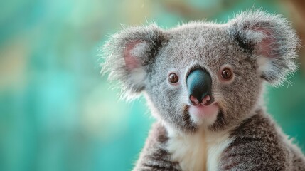 Fototapeta premium A close-up portrait of a cute koala looking directly at the camera against a soft teal bokeh background.