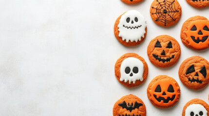 Halloween-themed cookies with playful designs featuring ghosts, pumpkins, and spider webs, perfect for festive gatherings and spooky celebrations.