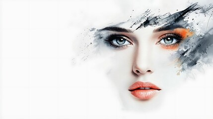 Watercolor portrait with varied washes, soft facial features, subtle shading, copy space for text,