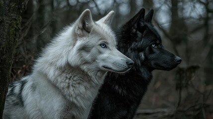 Obraz premium A captivating image of a white and black wolf side by side, showcasing their majestic beauty in a forest setting.