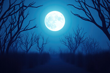 Fototapeta premium Eerie moonlit landscape, haunting silhouettes of barren trees, dense mist enveloping a desolate path under a glowing full moon, evoking a sense of mystery and solitude.