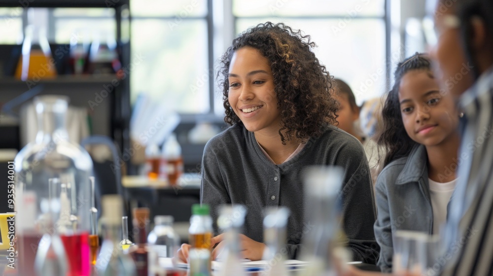Poster a young biracial teacher enthusiastically interacts with her students while demonstrating a science 