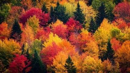 Vibrant autumn foliage in a dense forest with a mix of deciduous and evergreen trees.