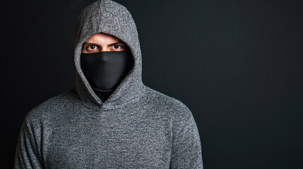 Mysterious Figure in Grey Hoodie, a person cloaked in a grey hoodie and black mask, exuding an enigmatic presence against a dark background, conveying intrigue and secrecy.