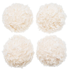 Set of round white chocolate candies covered with blanched coconut on white background. File contains clipping paths.