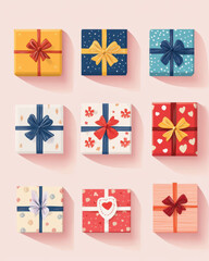 Colorful gift boxes with decorative bows arranged in a playful layout, perfect for celebrations or special occasions.