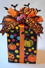 Colorful Halloween Gift Box with Bats and Pumpkins