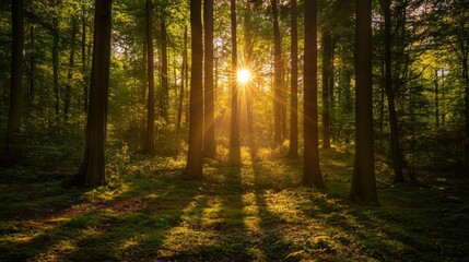 Obraz premium Sunbeams break through the trees in a dense forest.