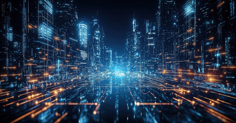 Fototapeta premium Futuristic night cityscape with digital data connections, representing the idea of a smart urban environment. High quality photo