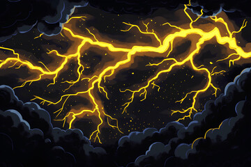 Obraz premium Yellow lightning strikes against a black background, dark clouds in the sky