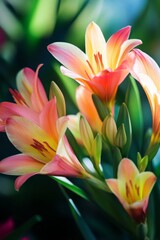 Fototapeta premium A close-up shot of several pink lilies with green foliage in the background. The flowers are in focus, with a soft, blurred background.