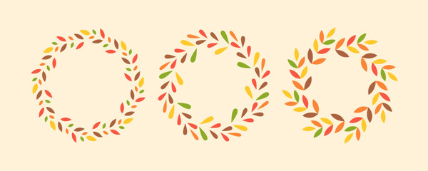 Autumn Leaves Geometric Colorful Frames Set. Round Fall Border. 