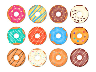 Obraz premium Donuts Colorful Vector Collection. Top View Isolated Pastry Set. Doughnuts with Color Sugar Glaze and Sprinkles.