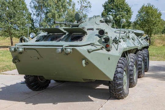 ALABINO, RUSSIA - AUGUST 19, 2022: Soviet armored personnel carrier BTR-80 on a sunny day. Front view