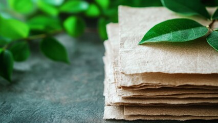 stack of eco-friendly biodegradable paper sheets with green leaves on stone surface, sustainable packaging material, zero-waste, organic natural products