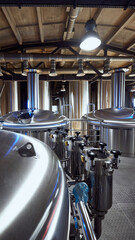 Rows of industrial brewing tanks stand ready, reflecting the advanced equipment used in crafting high-quality beer. Concept of beer, brewery, manufacture, quality control