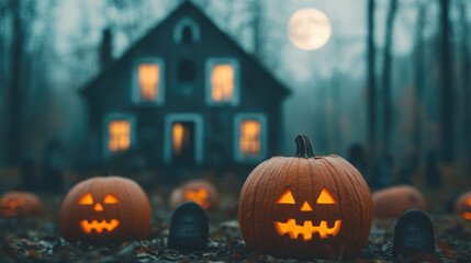 Fototapeta premium Haunting Harvest, an eerie scene with glowing jack-o-lanterns, a shadowy house in the background, illuminated windows, and a full moon casting a ghostly glow.