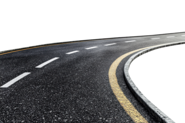 asphalt road with yellow and white lane markings right turn on transparent background, cut out, isolated, clipping path