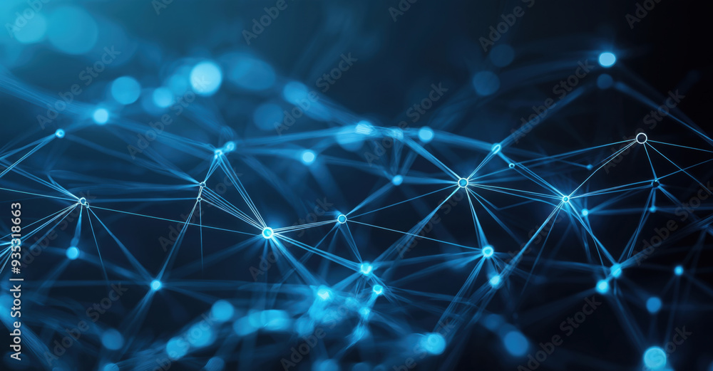 Poster Abstract network of connections forming a complex structure with glowing nodes on a dark blue background. High quality photo