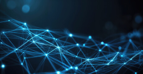 Fototapeta premium Abstract network of points and lines connecting forming a complex structure on a dark blue background with bokeh. High quality photo