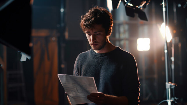 Professional actor reading his script during casting. Handsome actor or director holding scenario during rehearse